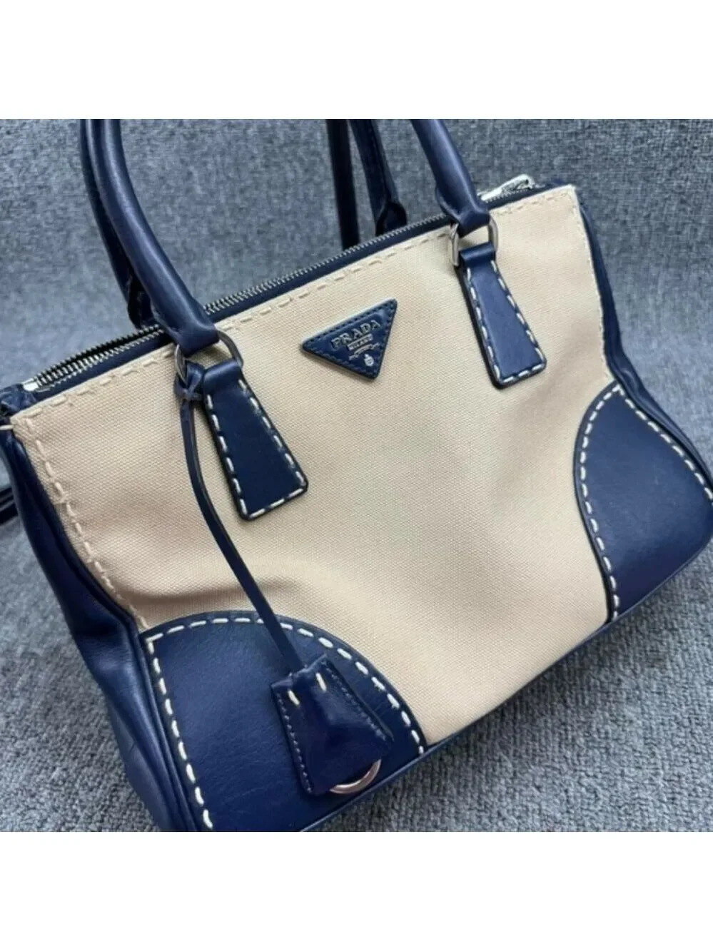 Authentic Prada Two Tone Leather Canvas Tote Satchel Crossbody Bag
